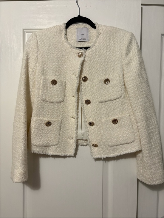 Mango Jackets & Blazers - Mango Ivory Bouclé Tweed Pocket Blazer with Gold Buttons